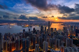 A beautiful sunrise in Hong Kong from the stunning vantage point of Victoria Peak.
